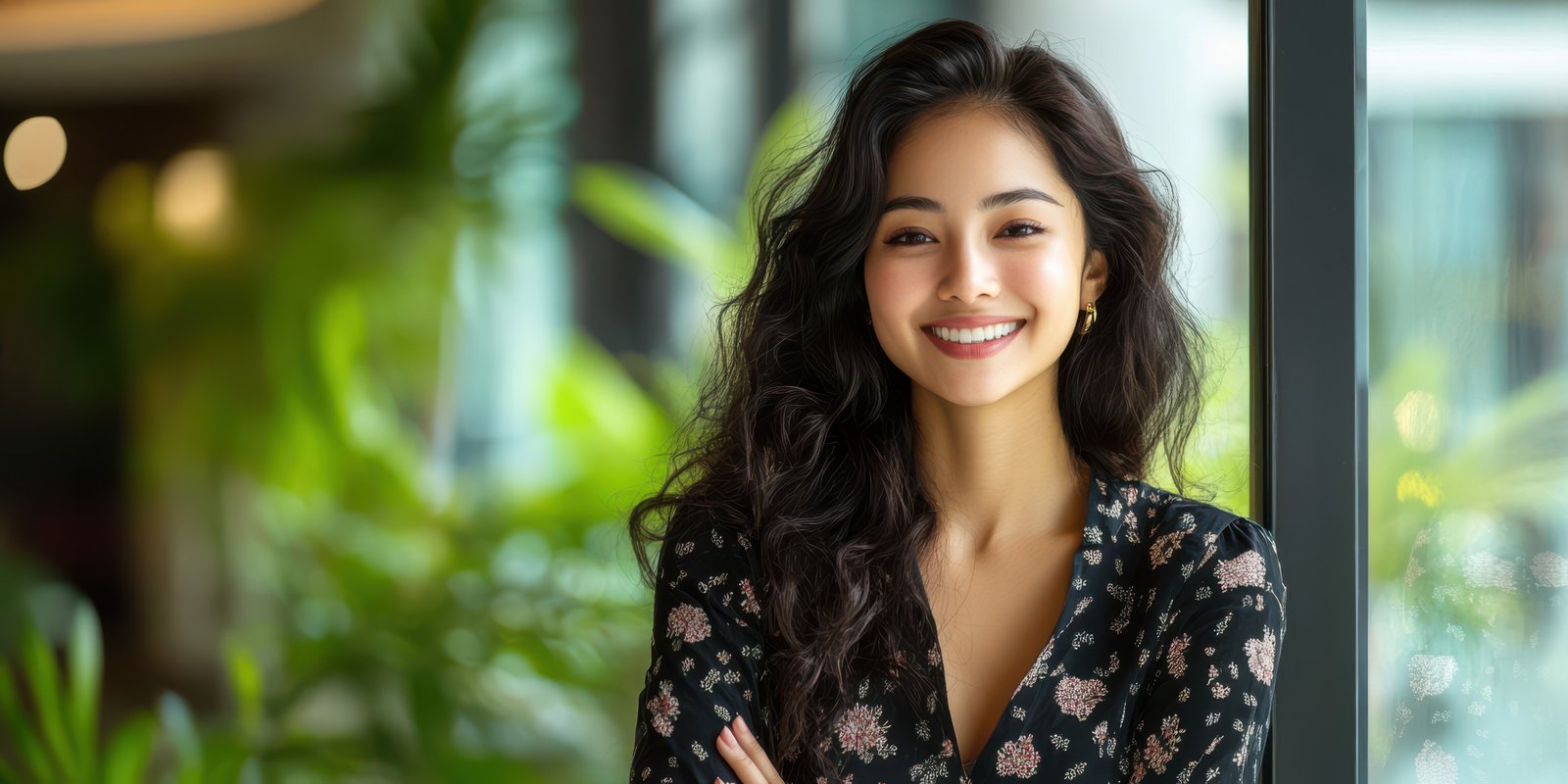 Young woman with curly hair smiles confidently in a bright cafe surrounded by lush greenery during the afternoon